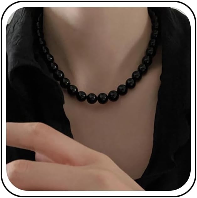Boho Black Bead Necklace Black Onyx Beaded Necklace Vintage Beads Strand Choker Necklace Adjustable Ball Bib Collar Necklace Jewelry for Women