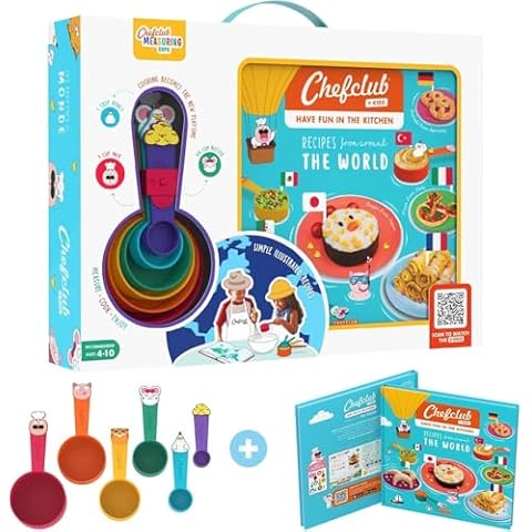 Chefclub Kids, "Recipes From Around The World" Illustration Cookbook - 20 Easy & Colorful Recipes with Fun Facts: Pizza, Pretzels, Crepes & More - Includes BPA-Free Measuring Cups, US Version Cover