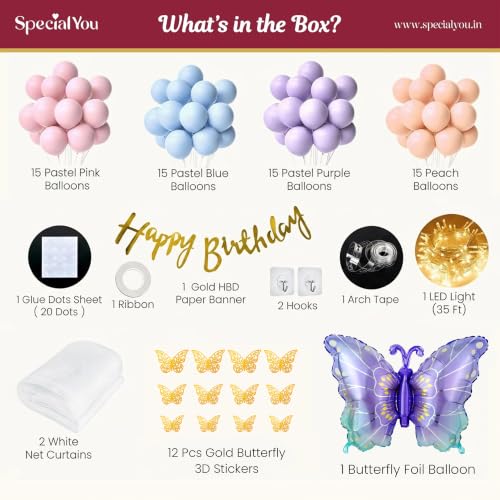 Image of Special You Butterfly Theme Birthday Party Decorations with Pastel Balloons for Decoration, Foil Balloons for Decor, Butterfly Stickers for Wall Decoration, Birthday Decorations Kit for Girls