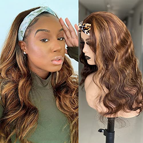 4/27 Headband Wigs Human Hair Loose Wave Honey Blonde Highlights Natural Hair Half Wigs with Headband Attached Full Head Wavy Real Remy Hair Headband Wig for Black Women 150% Density 20 Inch