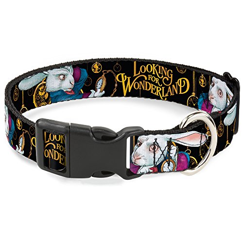 Buckle-Down Breakaway Cat Collar - White Rabbit Poses LOOKING FOR WONDERLAND/Clocks Black/Golds - 1/2