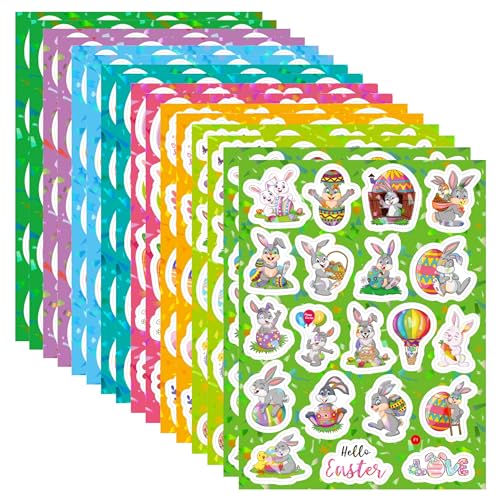 Masper Pegatinas de Pascua, 320 unidades, 16 hojas de pegatinas de vinilo holográficas impermeables con conejos de Pascua y huevos para decoraciones, tarjetas de regalo y manualidades