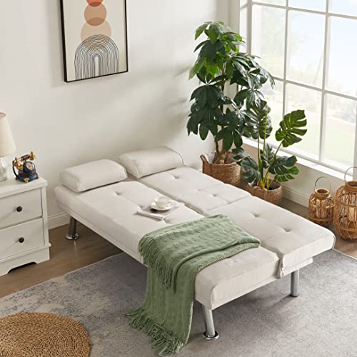 67" Modern Linen Upholstered Futon Sofa Loveseat Convertible Sleeper Couch Bed Daybed Loveseat,Folding Recliner With 2 Cup Holders,Metal Legs,Removable Soft Pillow-Top Armrest For Living Room #TOP3