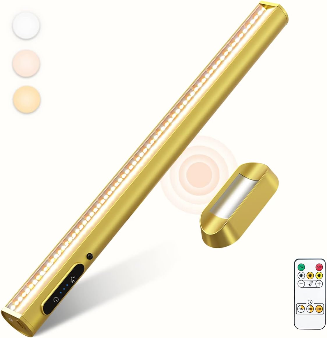 Rechargeable Magnetic LED Light Bar with Remote, Under Cabinet Lighting Wireless, Battery Powered Operated Wall Strip Lights, Dimmable Desk Lamp for Picture Mirror Closet Room – Gold Gold without Motion Sensor