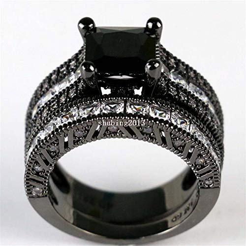 Couple Ring Bridal Sets His And Hers Women Black Gold Filled Square CZ Men Tungsten Carbide Band Wedding Ring Band Set4