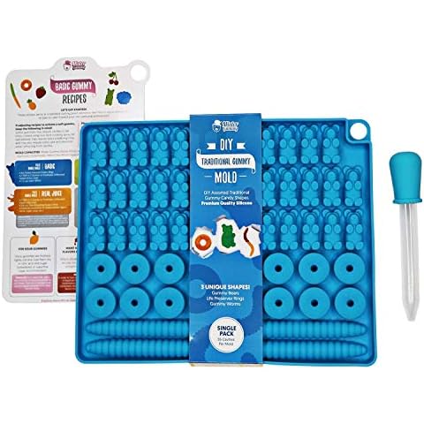 DIY Assorted Traditional Gummy Mold by Mister Gummy | Premium Quality Silicone | Gummy Bears, Rings, and Worms | Traditional Mold + Dropper + Recipe Card + Reusable Zip Lock Bag (Single Pack) Cover
