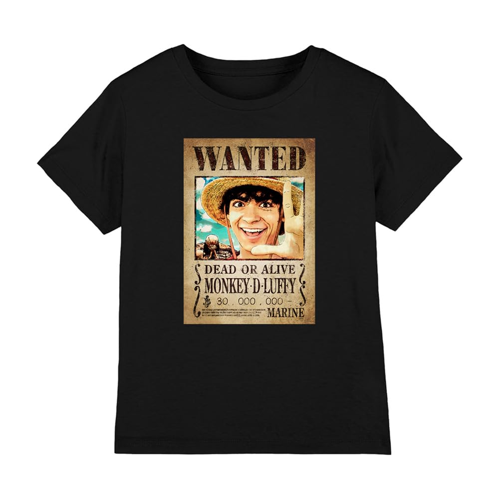 One Piece Luffy Pirate Wanted Poster Kids T-Shirt, Black, 9-11Y
