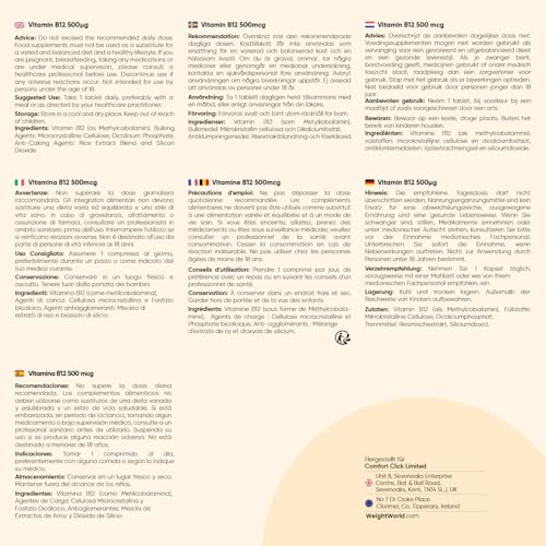 Vitamin B12-500mcg pro Tablette - 365 vegane Tabletten - 1 Jahr Vorrat - Reines Methylcobalamin - Vitamin B 12 trägt zur normalen Funktion des Nervensystems bei (EFSA) - Glutenfrei - WeightWorld