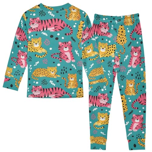 Pajama Sets Long Sleeve Colorful Tiger and Leopard Pattern Soft Comfy Sleepwear 2 Piece PJS 3-8T3