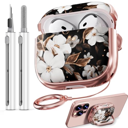 Image of Inesore for AirPods 4 Case Cover 2024 with Lock-Black Gold Flower | Two-Piece Design,with Gold Keychain & Cleaning Pen,Support Wireless Charging,Cute Luxury Case for Women Girly