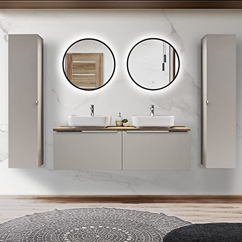 Lomadox Badezimmermöbel Badmöbel Set, Taupe mit Vintage Eiche, 160cm Doppel-Waschtisch-Unterschrank mit Schubkästen, 2 Waschbecken, 2 LED-Spiegel 60cm mit Touch-Funktion, 2 Hochschränke