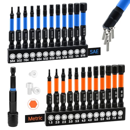 Allen Wrench Drill Bit Set 25pcs Hex Bit Set, Impact Driver Bit Set, Screwdriver Bit Set, Allen Wrenches Sets, 2' Metric&SAE 1/4' Hex Shank Magnetic Allen Key Drill Bits Sets with Storage Box