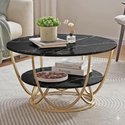 Image of Shoppee Coffee Table - Modern 2-Tier with Faux Marble Top and Gold Metal Frame - Stylish Center Table for Living Room, Sofa Table, Elegant Cocktail Table for Home, Office, Black & Gold
