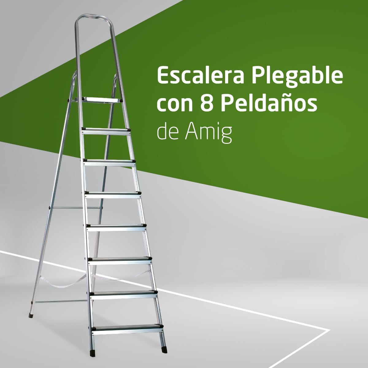 Amig - Escalera Plegable con 8 peldaños - Aluminio - Peldaños Pequeños: 28x8 cm - Peldaño Grande: 25x25x28 cm - Uso Doméstico - Carga Máxima 150 kg