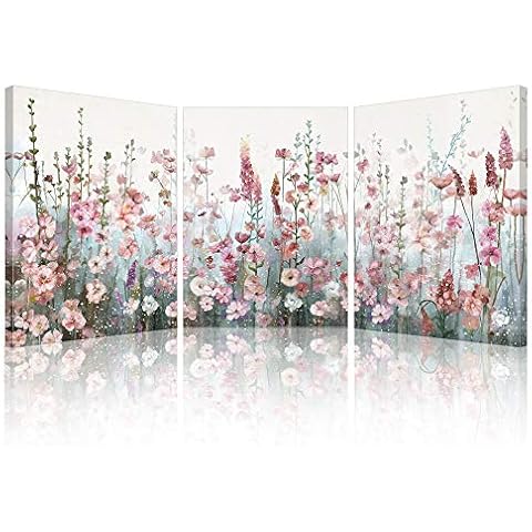 SUMGAR Pink Floral Canvas Wall Art Wildflowers Pictures Bathroom Bedroom Set of 3 Colorful Flowers Romantic Blossom Artwork Paintings Modern Bloom Prints for Women Girl's Living Room Gift 30x40cm Cover