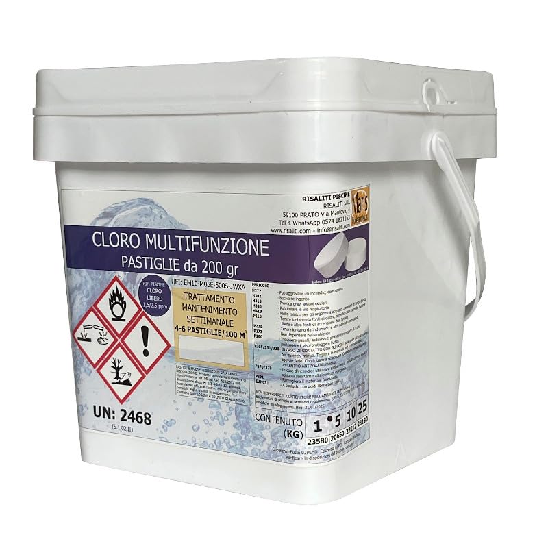 Cloro piscina Multifunzione, pasticche polifunzione gr 200 Maris kg 5, clorazione lenta piscine con antialga e flocculante, chiarificante