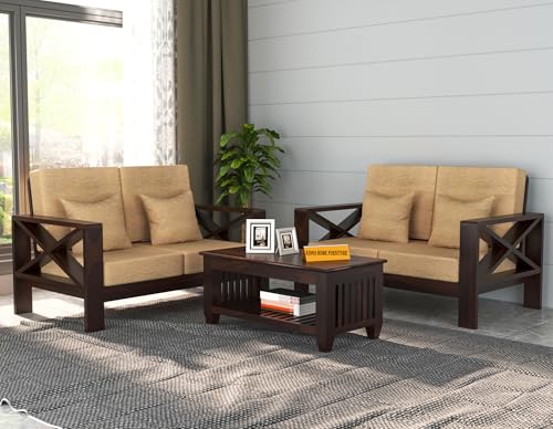 Image of KINGS HOME FURNITURE Sheesham Wooden 4 Seater Sofa for Living Room | Rosewood 4 Seater Cushion Sofa X-Legs | Solid Wood Sofa Set for Lounge (2+2,Walnut)