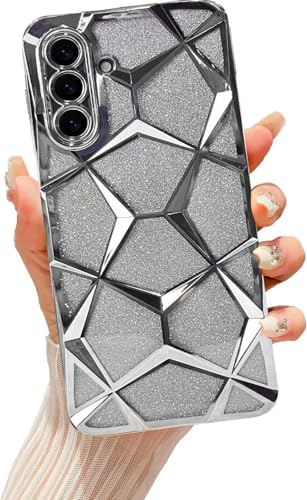 Image of VONZEE Gradient Glitter Case for Samsung A36, Luxury Electroplated 3D Cube, Diamond Bling Shiny Soft TPU Clear Shockproof Women Girls Protective Phone Cover (Silver)