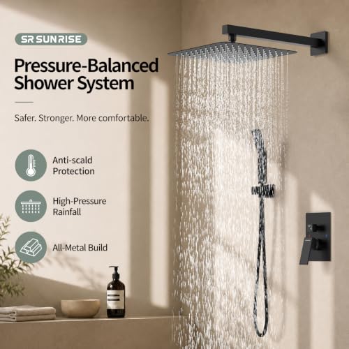 Image of SR SUN RISE 12 Inches Matte Black Shower System Inch Brass Bathroom Luxury Rain Mixer Combo Set Wall Mounted Rainfall Head Faucet Rough-in Valve Body and Trim Included