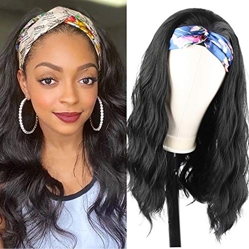 Headband Wig Synthetic Hair Wigs 22 Inch Long Wavy Headband Wigs for Women Natural Black Headband Wig for Daily Party Use (1B)