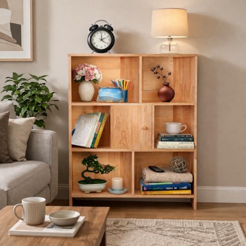 Image of 7 Cube Storage Organizer Wooden Bookshelf, 7 Cube Shelf Bookcase, Small Bookshelf Storage Organizer, 7 Cube Storage Shelf for Bedroom, Small Bookshelf for Living Room and Office (Natural, 7)