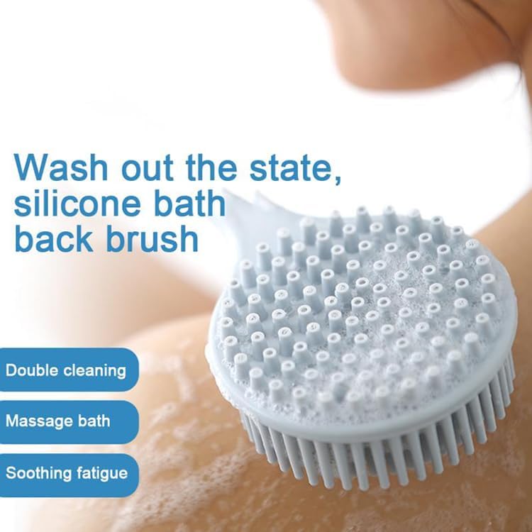 Image of Silicone Back Scrubber, Long Handle Soft Bristles Bath Brush with Massage Beads, Body Shower Washing Brush Wet or Dry Cleaning Spa Brushing for Men and Women (Blue Pack of 1)