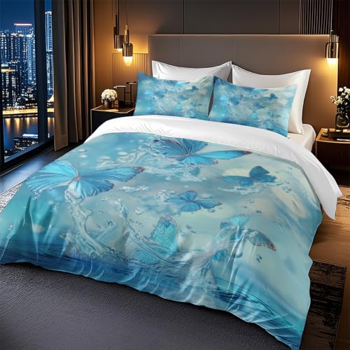 Housse de couette 200x200 insecte bleu et beige en microfibre avec 2 taies d'oreiller - 3