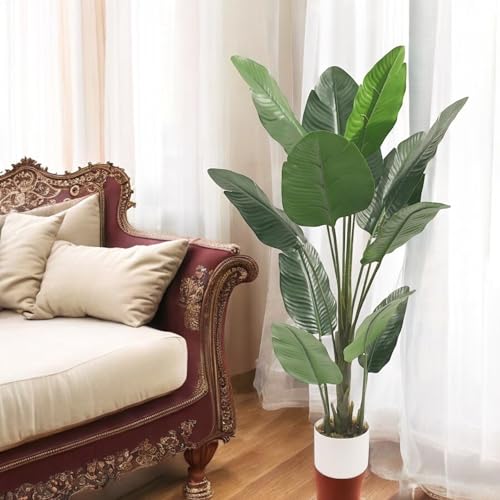 Image of Garden Art Artificial Traveller's Palm Plant with White Pot | 120 cm Real Touch Natural Looking Indoor Plant for Home, Office & Living Room Decor | 12 Leaf Branches (GAJW3538)
