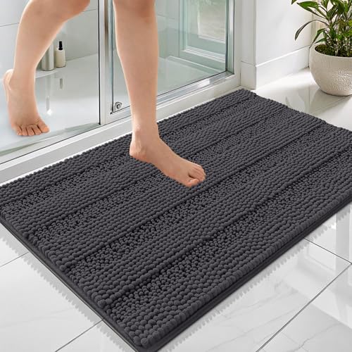 Image of OLANLY Thick Bathroom Rugs 36x24, Extra Soft Absorbent Chenille Striped Bath Rugs, Rubber Backing, Machine Wash Dry, Bath Mats for Bathroom Floor, Tub and Shower, Home Decor Accessories, Dark Grey