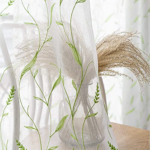 Mrtrees Sheer Tier Curtains Rod Pocket, Short Sheer Voile Kitchen Tiers, Leaves Embroidered Christmas Cafe Curtains Small Window Treatment For Bathroom(2 Panels, 30X30 Inches, Green Wheat Spike) #TOP5