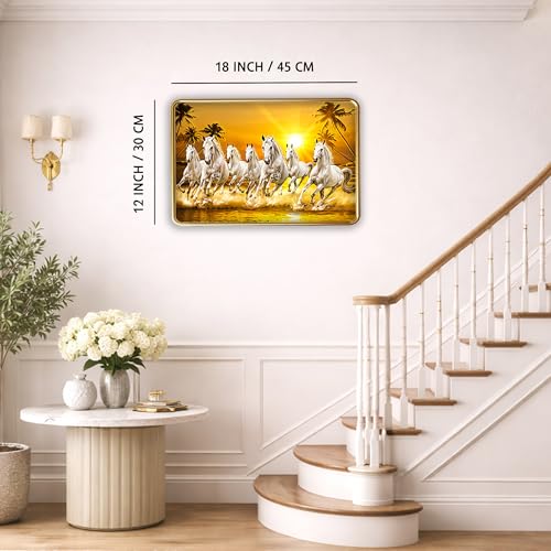 Image of XOPY Seven Running Horses with Golden Frame | Vastu 7 horses Raw Pyrite Painting for Home, Office & Living Room Wall Decore | 12X18 Inch Sparkle Laminated Frame | Best For Gifting (53308, 12X18)
