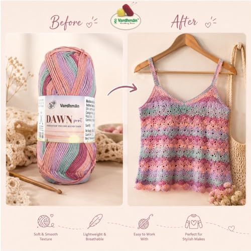 Image of Vardhman Dawn Print Polyester Viscose Soft Yarn for Knitting, Crochet & DIY Craft Projects | Ideal for Garments, Toys, Accessories & Home Decor | Pack-1 Ball, 100g Each DCD003