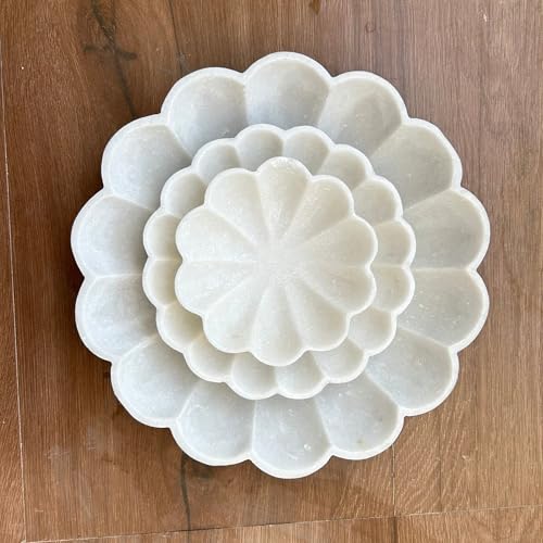 Image of Marble Urli Bowl for Decoration | Big Potpourri Decorative Bowls in Home decor | Large White Floating Flower Plates of Stone | Small Shape puja Item (9 inch, Daisy Burst)