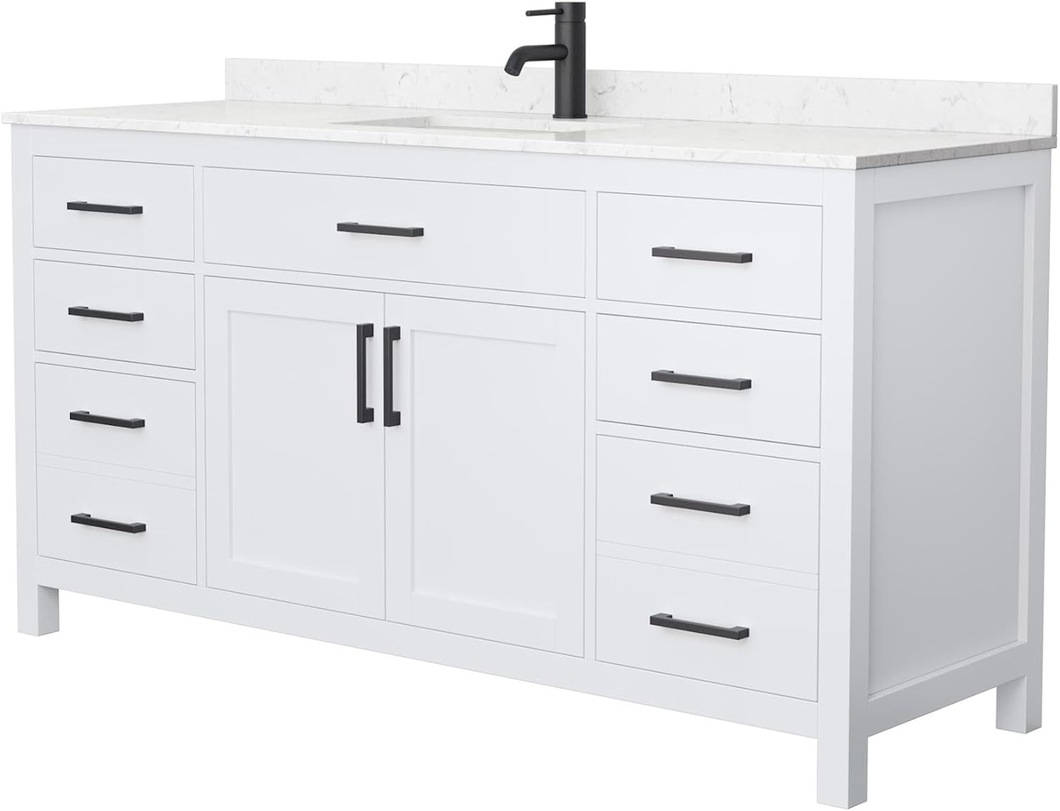 Beckett 66 Inch Single Bathroom Vanity in White, Carrara Cultured Marble Countertop, Undermount Square Sink, Matte Black Trim