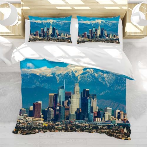 Los Angeles Duvet Cover Set King Size Los Angeles Skyline Snow Mountains 3-Piece Bedding Cover Set for Women and Men,Ultra Soft,Breathable