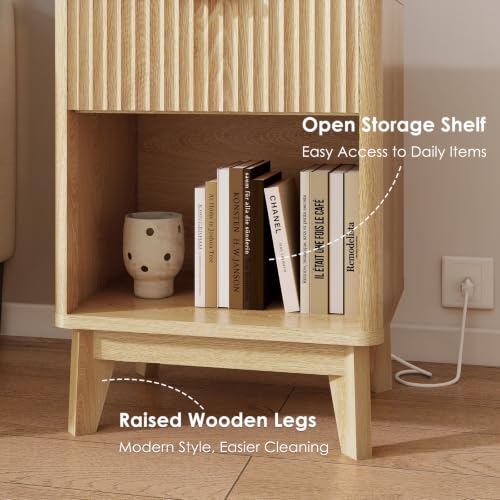 Image of LYNCOHOME 17.7 inch Tall Nightstand with Charging Station,Set of 2, Light Oak