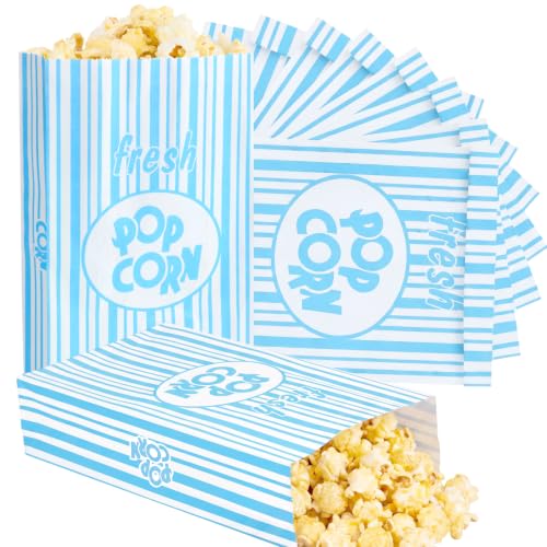 Image of Thenshop 200 Pcs Paper Popcorn Bags Flat Bottom 2 oz Disposable Film Individual Servings Oil Resistant Leak Proof Container Vintage Retro Blue and White Popcorn Sleeves Bags