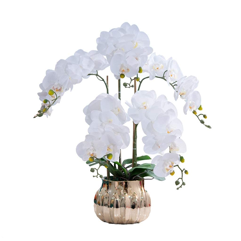 Juego de flores artificiales, jarrón dorado, orquídea blanca Pu Phalaenopsis, jarrón falso, planta en maceta para sala de estar, decoración para el hogar (blanco)