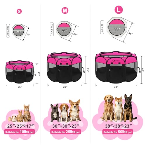 Image of Siedihit Dog Cat Playpen, Large Puppy Pet Playpen, Dog Crate Tent Cage Indoor /Outdoor, Portable Pop Up Dogs Kennel Playpen with Carrying Case for Dogs /Cats /Rabbits, Hot Pink