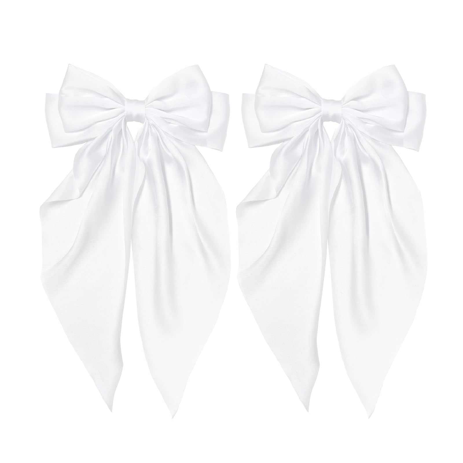 Tobeffect Hair Clip - Big Satin Hair Bows for Women and Girls in White, French Style Hair Accessories with Long Ribbons, 2 Count