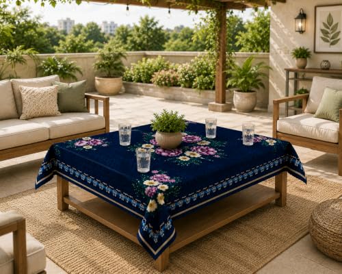 Image of Floral Dining Table Cover for 4 Seater | 58 x 38 Inch Rectangle Polyester Table Cloth | Washable Fabric Table Cover for Dining Table | Dust & Scratch Protection | Blue Saffron