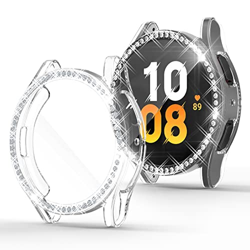[2Pack] RICHONE Compatible with Samsung Galaxy Watch 5/Galaxy Watch 4 44mm Screen Protector Cases, Bling Diamonds All-Around Protective Soft Cover Accessories (Clearx2, Galaxy Watch 4/5-44mm)