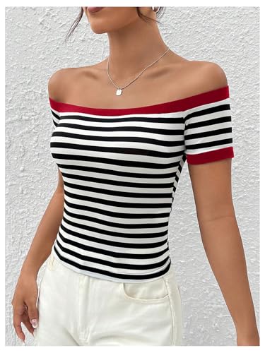 Verdusa Striped Off The Shoulder Tops for Women Short Sleeve Fitted Shirt Sexy Tees2