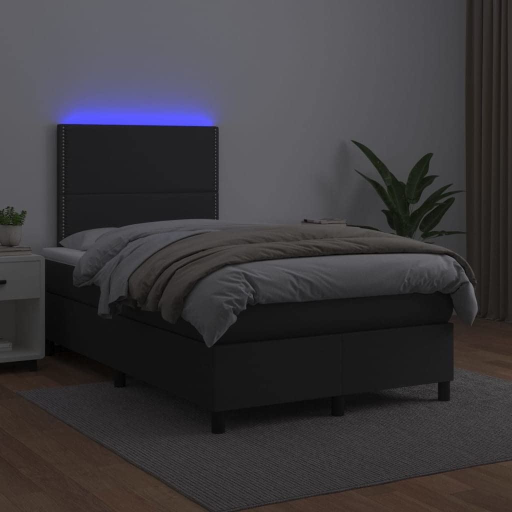 Ekoskóra LED regulowany zagłówek 120x200cm czarny | Łóżko kontynentalne z materacem 120x200 LED czarna ekoskóra z zagłówkiem regulowanym do sypialni
