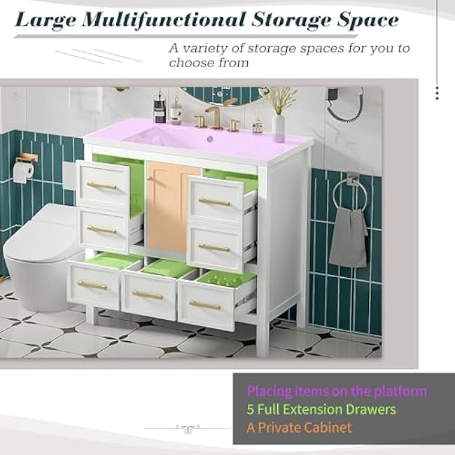 Bathroom Vanity Set, 36 Bathroom Vanity with Resin Sink Combo, Solid Wood Frame Bathroom Storage Cabinet with 5 Drawers & Soft Closing Doors, MDF Boards, Gold Metal Knobs