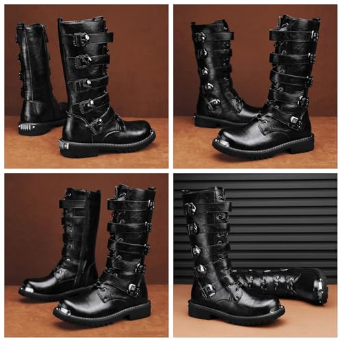 Men'S Black Leather Motorcycle Boots With Single Zip & 5-Buckle System Steel Toe Cap & Anti-Slip Rubber Sole Thickened Traction Outsole For Highway Riding Punk Style Ankle Support4
