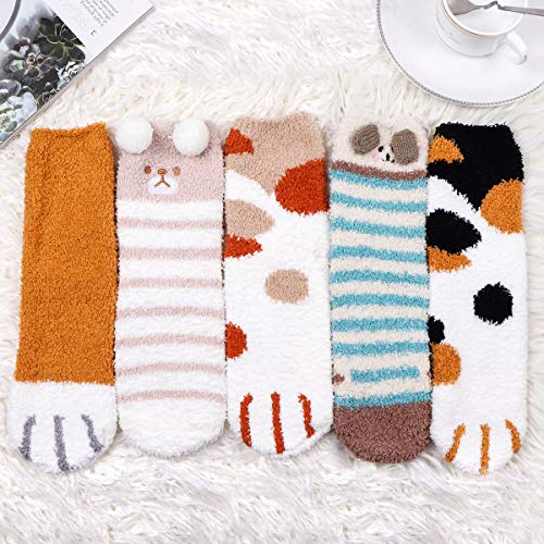 Plush Slipper Socks Women - Dog Paw Warm Fuzzy Crew Socks Cozy Soft 5 Pairs For Winter Indoor #TOP5
