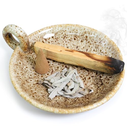 BEYLAB Soporte de Incienso Salvia Blanca para Soporte Varillas Incienso cerámica, Soporte Palo Santo, Cuenco Incienso, Velas, Manchas, Quemador Incienso, decoración Minimalista (Marrón Amarillento)