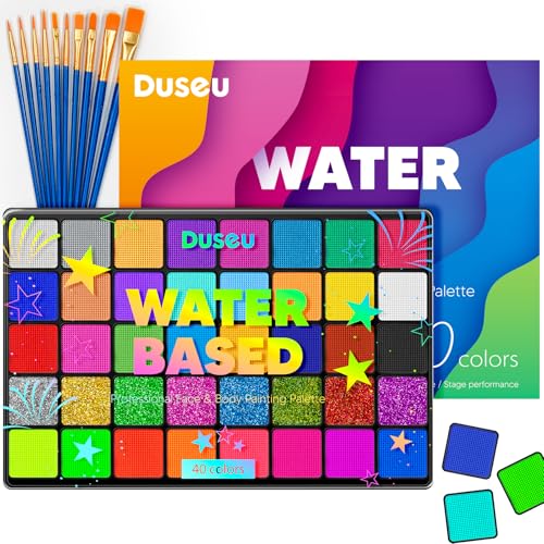 Duseu 40 Color Face Painting Kit - Water Activated Face Paint Palette with Brushes, Professional...