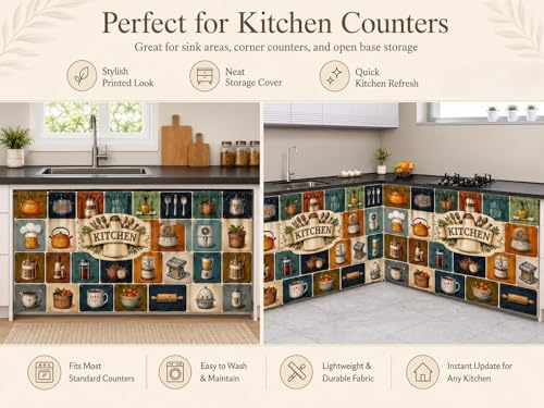 Image of Decorative Sink Curtain for Kitchen | Pack of 1| 150x70 cm Under-Sink Cover | Printed Fabric Panel with Rod Pocket | Washable Storage-Hiding Curtain for Modern Home Decor (Kitchen Pack of 1)